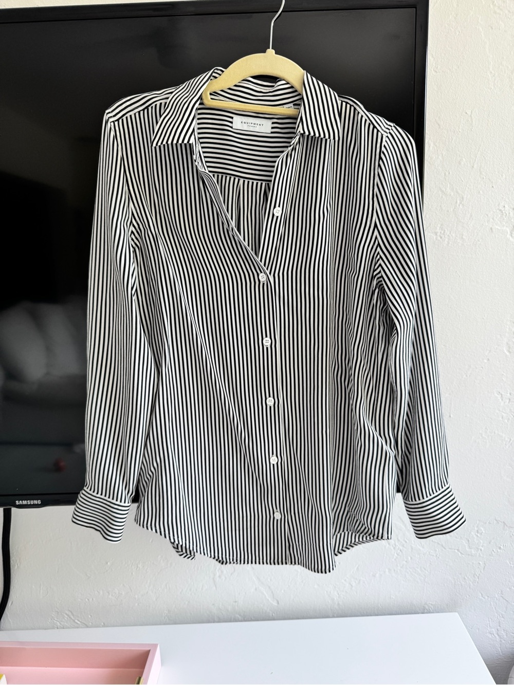 Equipment Black & White Silk Vertical Stripe Button-Up Shirt